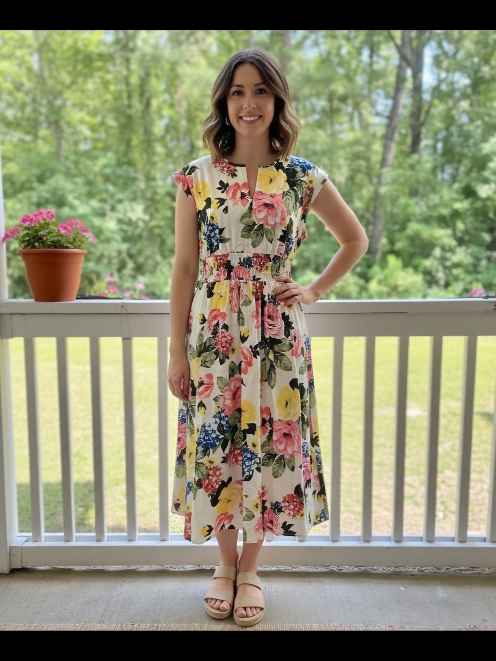 Calvin Klein Floral Smocked Waist Midi Dress White Cotton Size 10